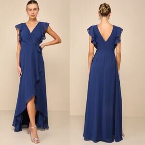 NWT Lulus Ravishing Charm Dark Blue Ruffled Wrap High-Low Maxi Dress Wedding M